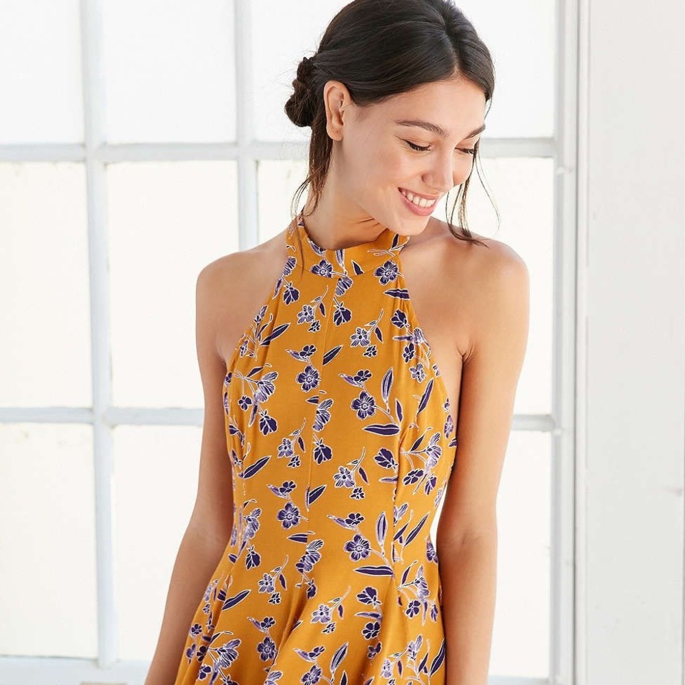 Floral yellow high neck mini dress